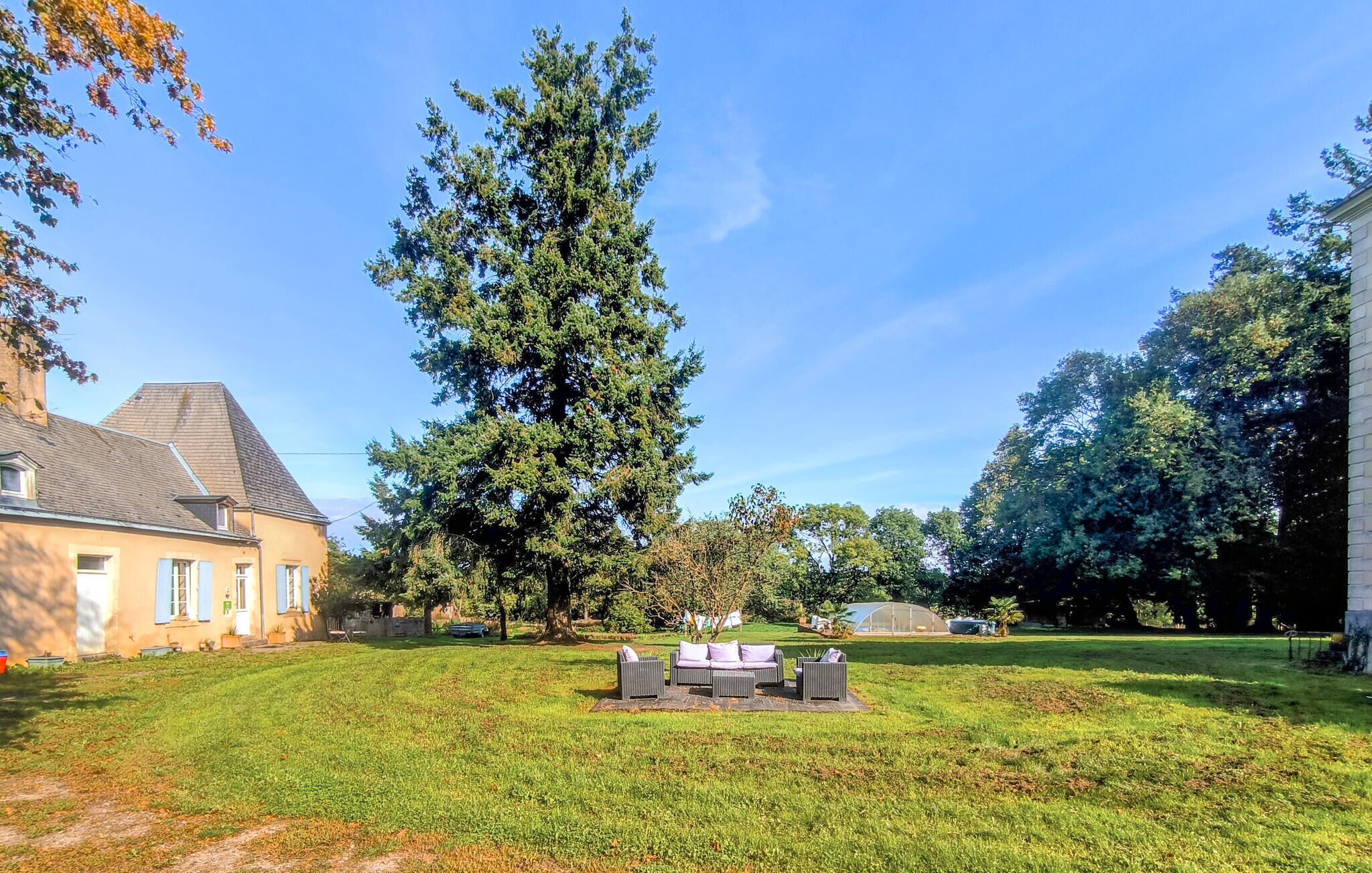 Un jardin avec une pelouse, un grand arbre et une terrasse aménagée avec du mobilier d’extérieur.