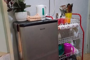 Ein kleiner Kühlschrank mit Edelstahloptik, ein Topfpflanze, ein Wasserkocher und ein Besteckhalter darauf.