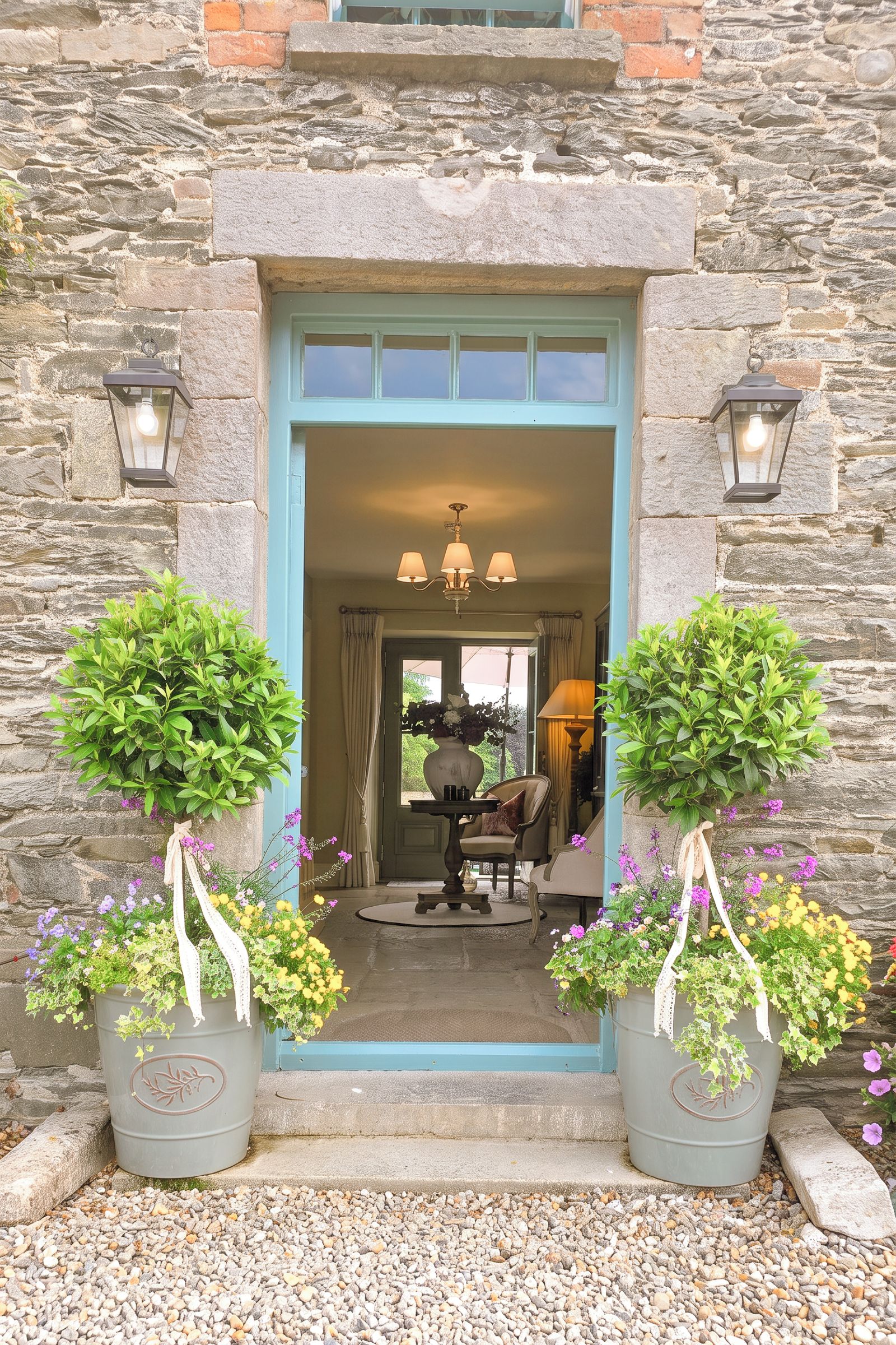 Une entrée en pierre, avec une porte bleue, deux plantes en pot, un lustre et une table avec des chaises à l’intérieur.