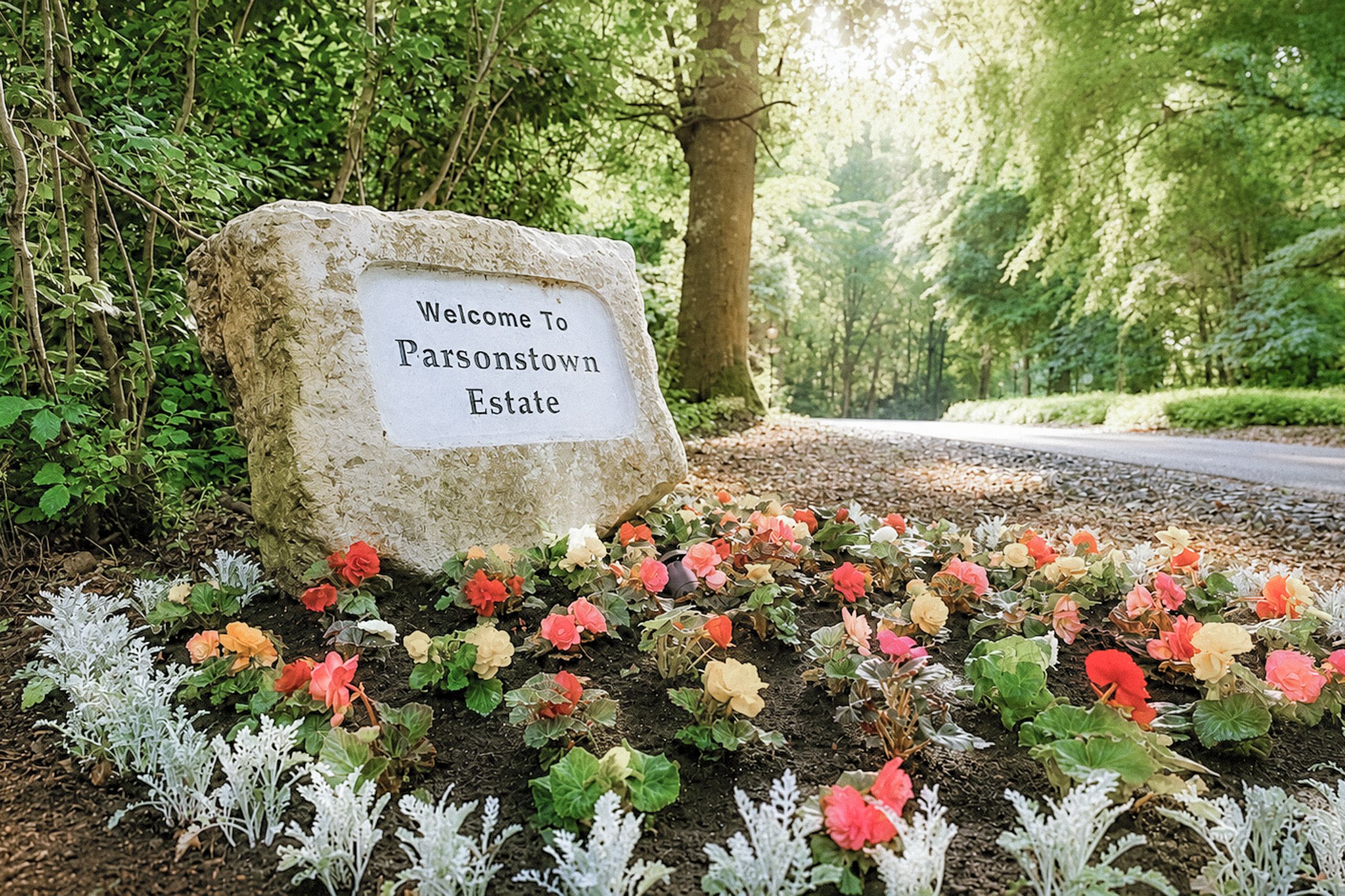 Ein Willkommensschild am Eingang des Parsonstown Estate, umgeben von einem Garten mit verschiedenen Pflanzen und Blumen.