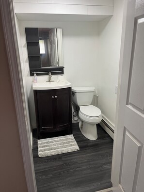 Hair dryer, towels, soap, toilet paper