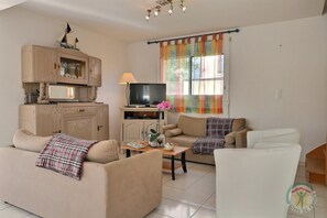 Televisio, DVD-soitin, kirjoja, stereot