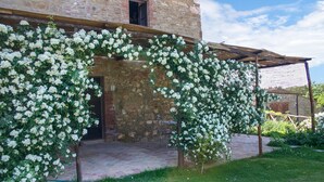 Un bâtiment rustique en pierre, agrémenté d’une pergola en bois recouverte de fleurs blanches.