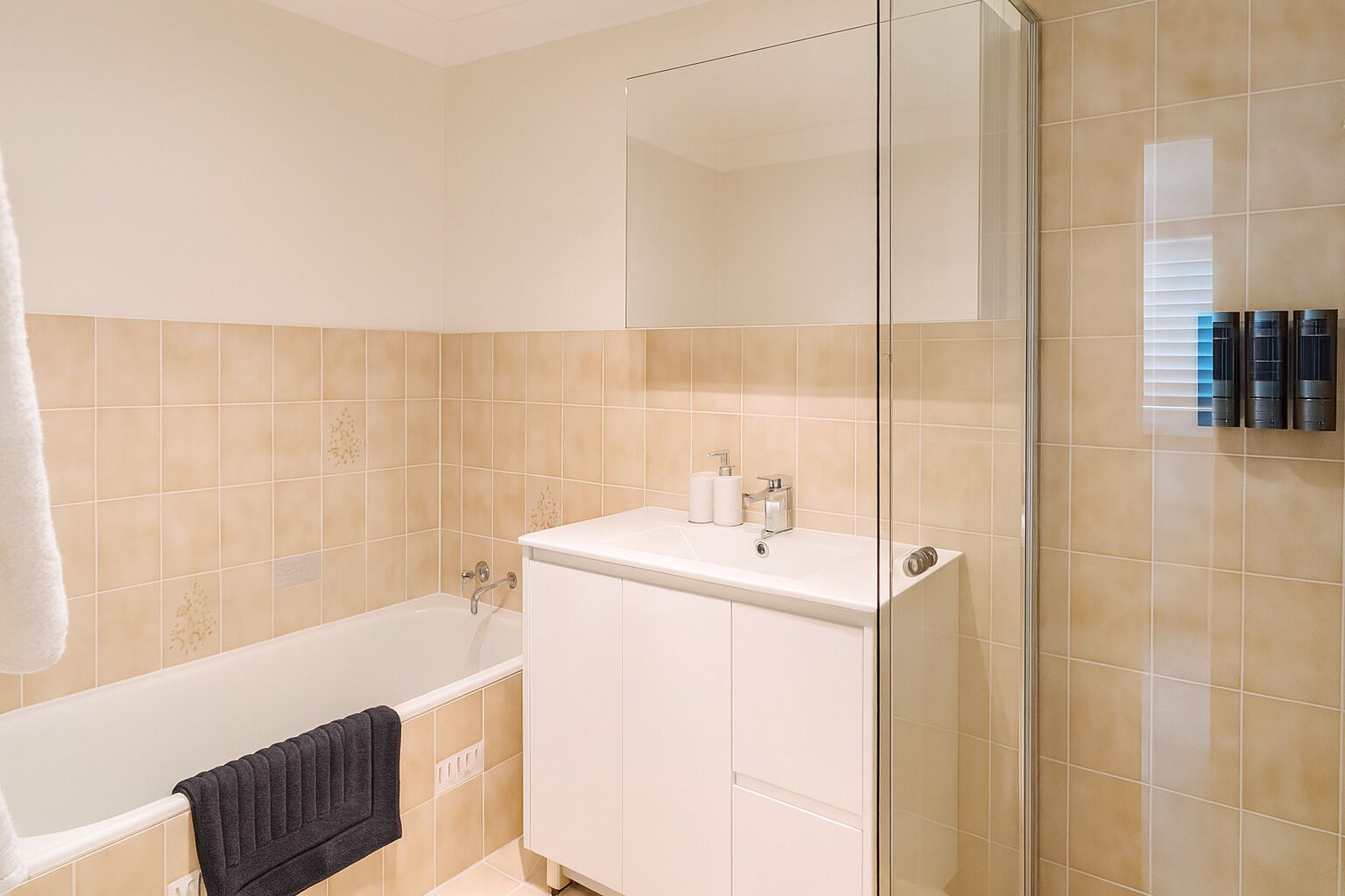 Hair dryer, towels, soap, toilet paper