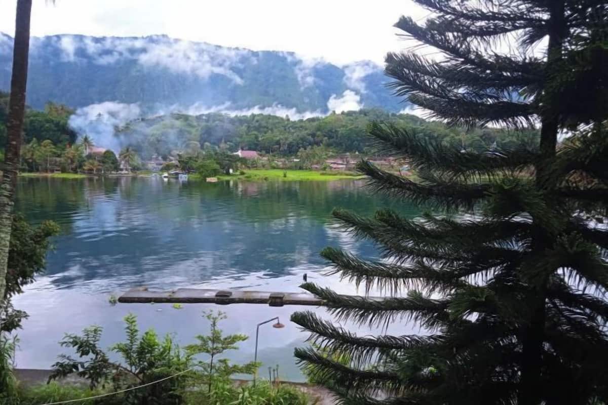 A lake with a dock, surrounded by greenery and mountains in the background.