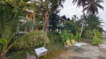 A tropical outdoor seating area with chairs and a table, surrounded by lush greenery and palm trees.