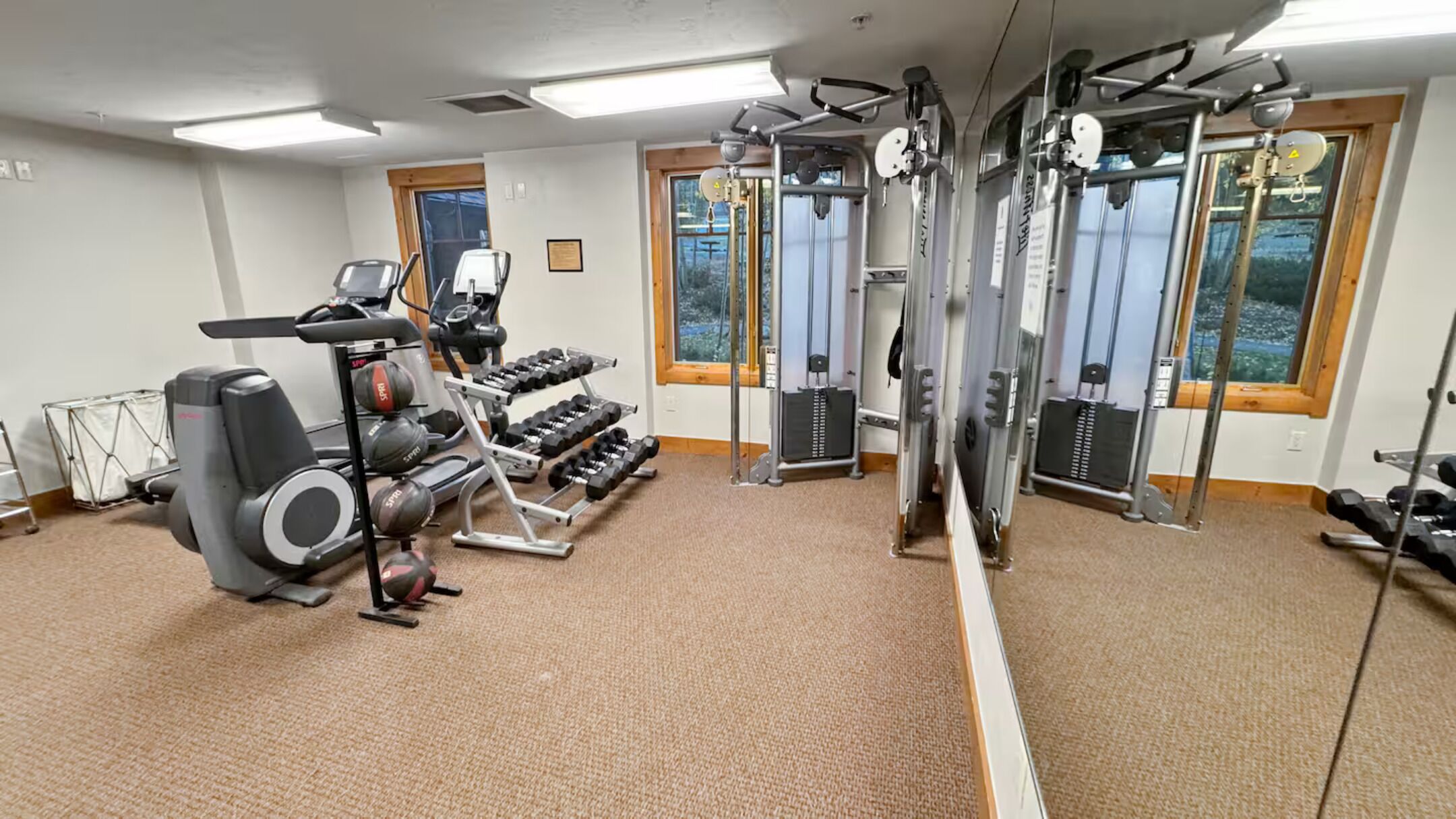 A gym with exercise equipment, large windows, and a carpeted floor.