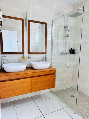 Shower, hair dryer, towels, soap