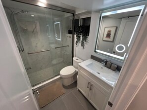 Regadera, secadora de cabello, toallas, jabón 