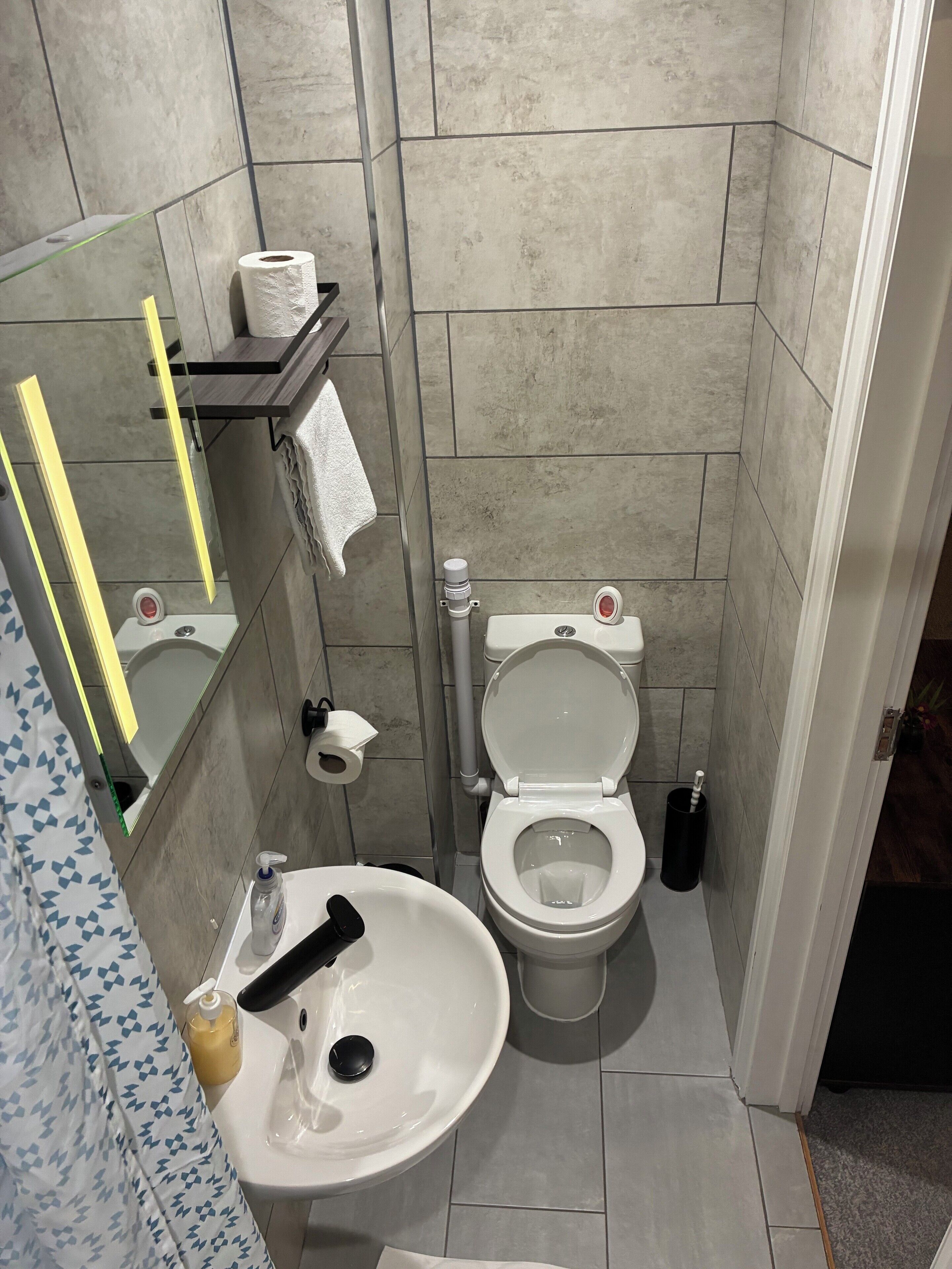 A bathroom with a toilet, sink, and mirror.