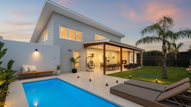 Ein modernes Haus mit Schwimmbad, einer überdachten Terrasse und einem gepflegten Rasen.