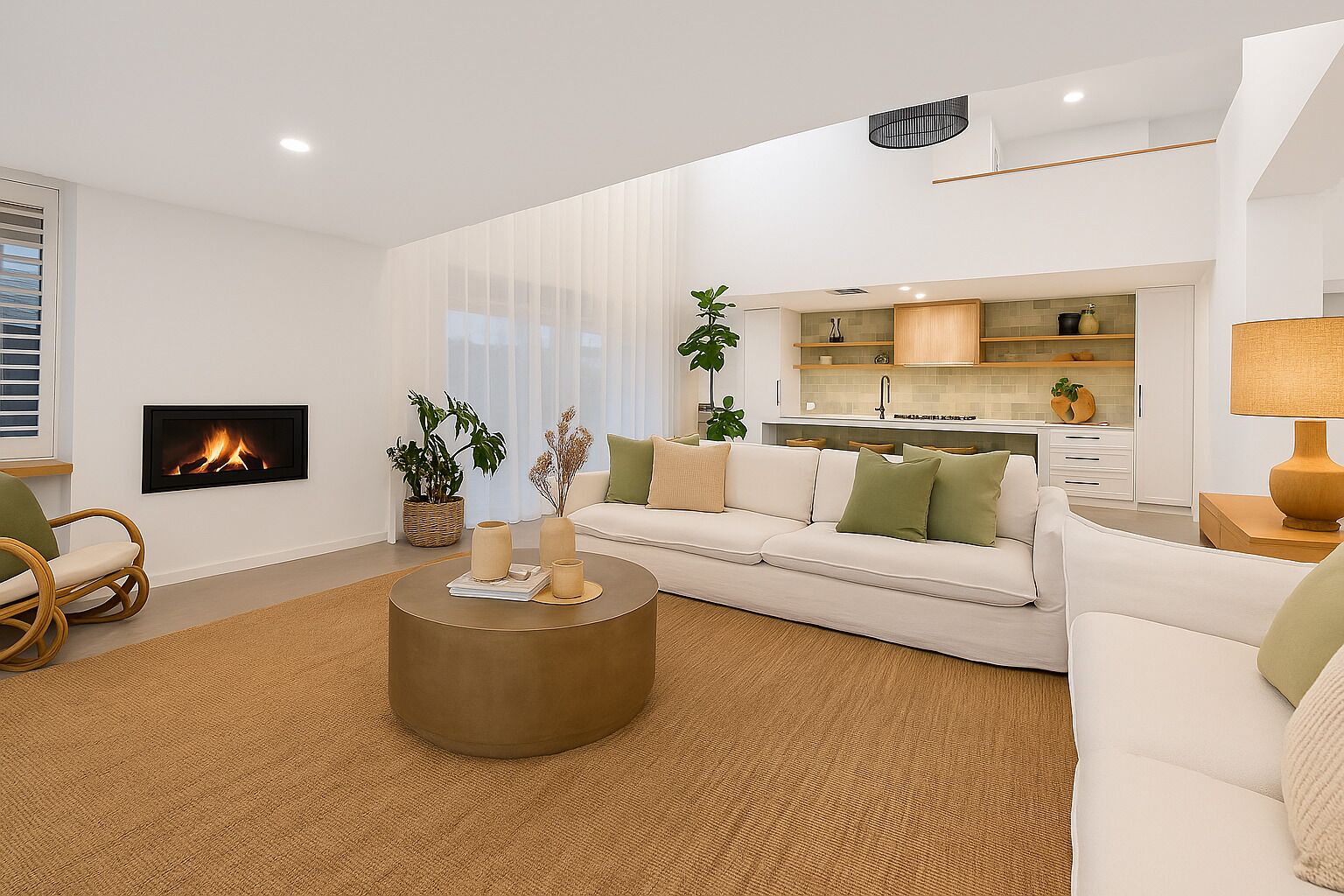 Televisión, chimenea y estéreo 