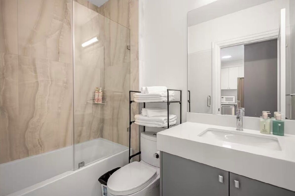 Hair dryer, towels, soap, shampoo