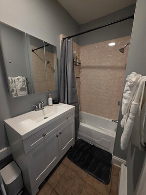 Hair dryer, towels, soap, toilet paper