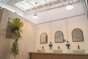 A bathroom with a skylight, three mirrors, and a plant. - Carnarvon 73 (George Town)