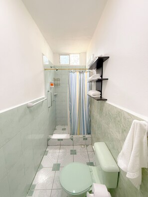 Shower, towels, soap, toilet paper