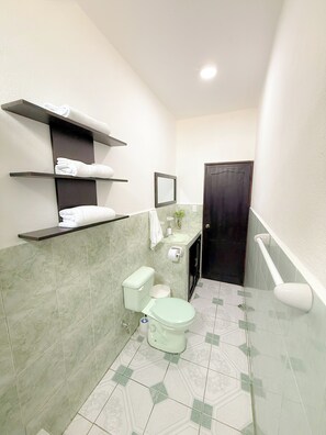 Regadera, toallas, jabón, papel de baño 