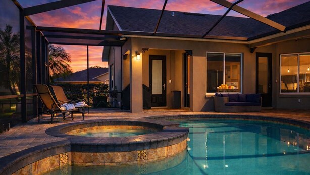 A swimming pool with a hot tub, lounge chairs, and a covered patio area. - 4BR family home w/ pool & lanai (Lakeland)