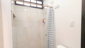 Shower, towels, soap, toilet paper