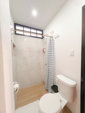 Shower, towels, soap, toilet paper