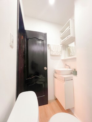 Shower, towels, soap, toilet paper