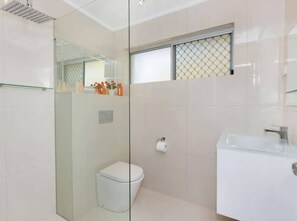 Shower, hair dryer, towels