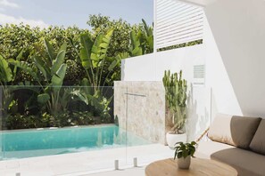 A modern outdoor pool area with a glass enclosure, surrounded by lush tropical plants and a white building. - Stylish home, steps to the beach (Sunrise Beach)
