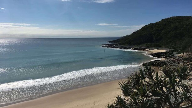 Une plage côtière avec un ciel dégagé, un rivage sablonneux et une colline boisée.