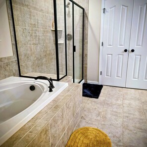 Hair dryer, towels, soap, toilet paper