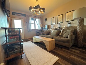 TV connectée, cheminée, livres, imprimantes