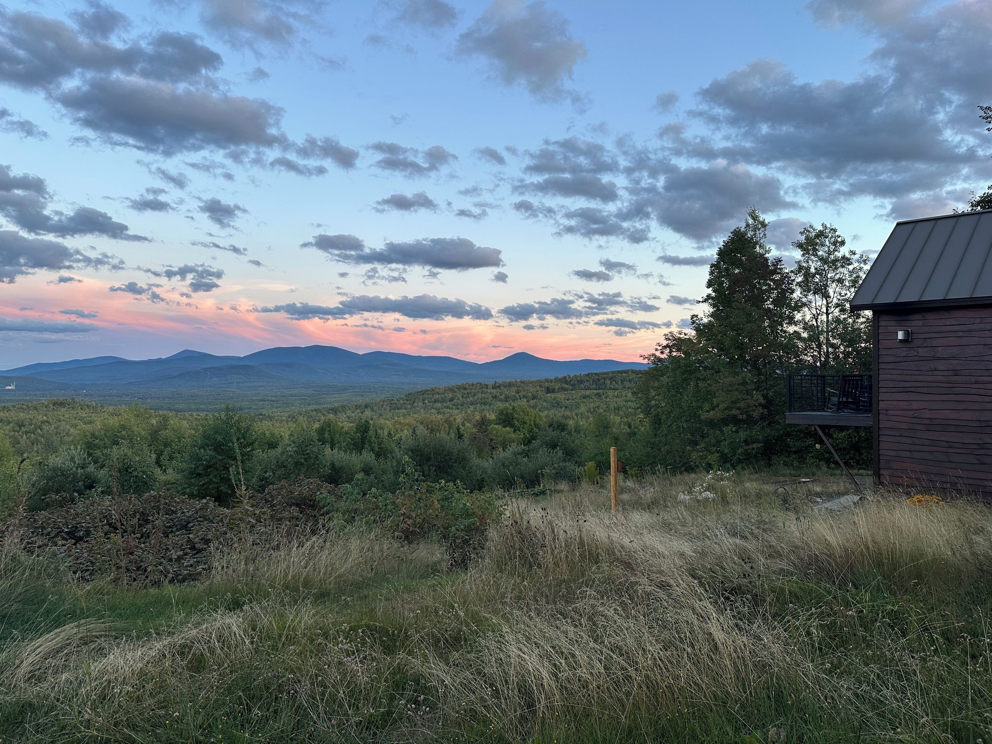 A rustic cabin with a metal roof and wooden walls, surrounded by a lush landscape with a view of distant mountains and a cloudy sky.