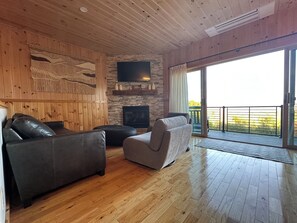 Smart TV, fireplace, books, printers