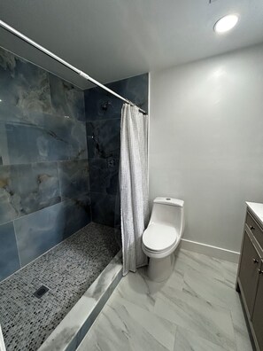 Hair dryer, towels, soap, toilet paper