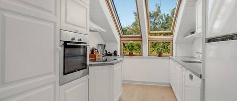 Fridge, microwave, dishwasher, cookware/dishes/utensils