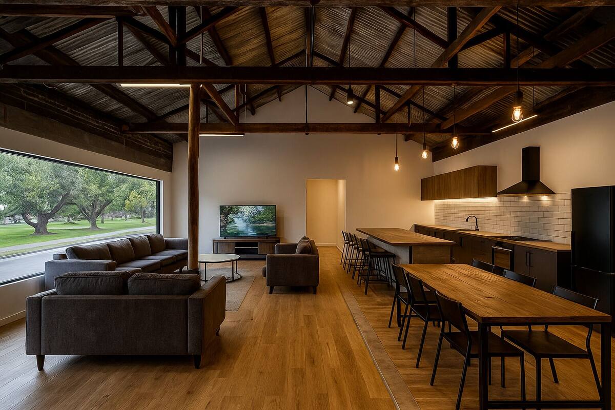 A modern kitchen with a wooden dining table and bar seating, a large TV, and a view of a park through the window.