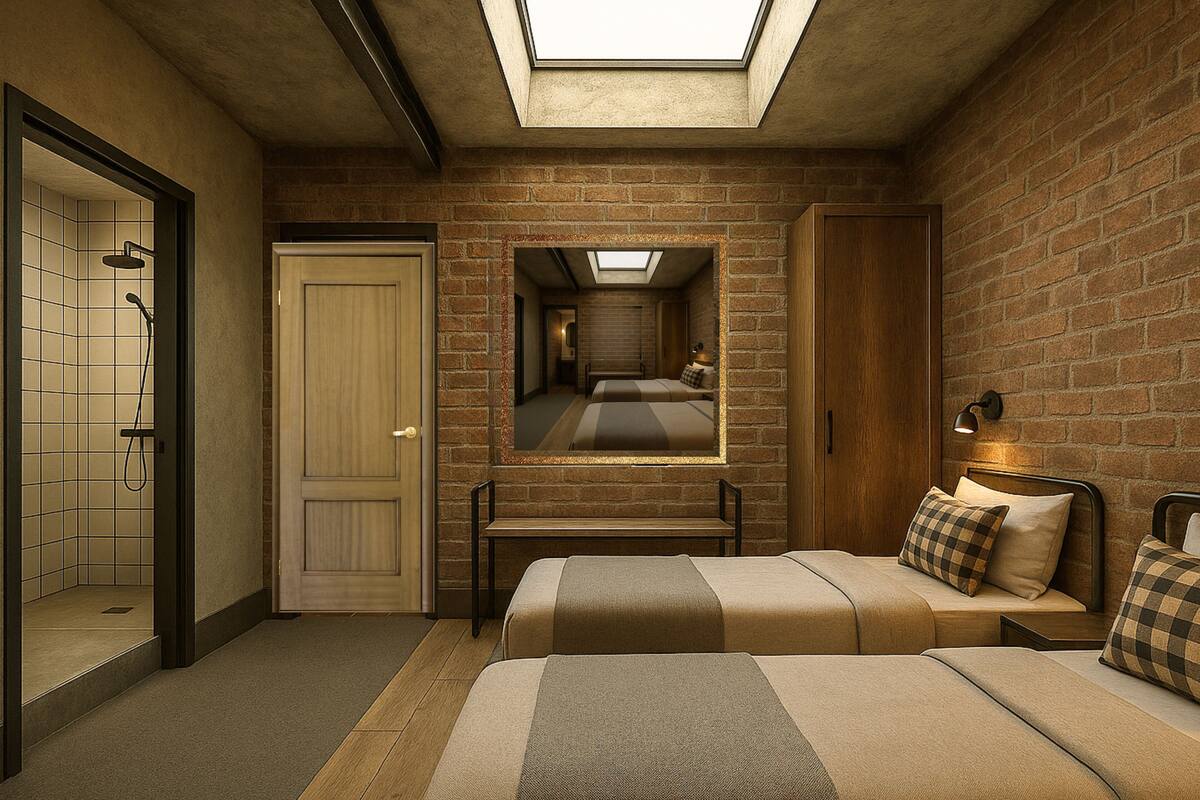 A bedroom with a skylight, a large mirror, a bed with a headboard, and a nightstand.