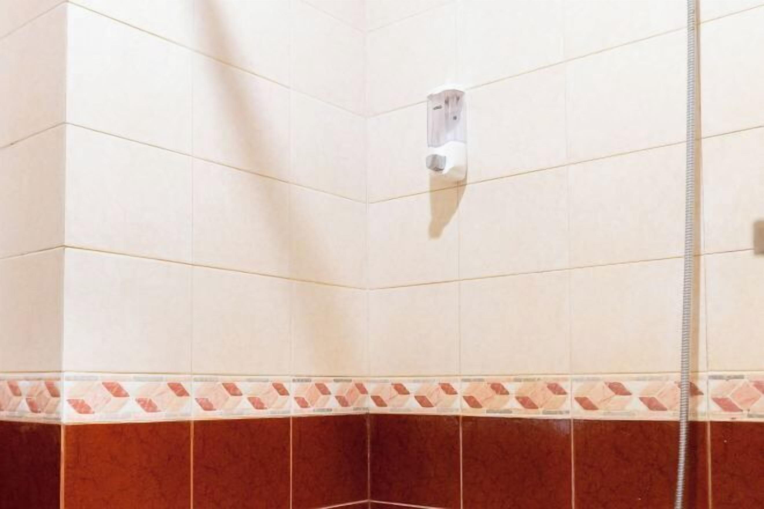 Esquina de una habitación con baldosas beige y marrones, un diseño de baldosas en esquina y una zona de ducha.