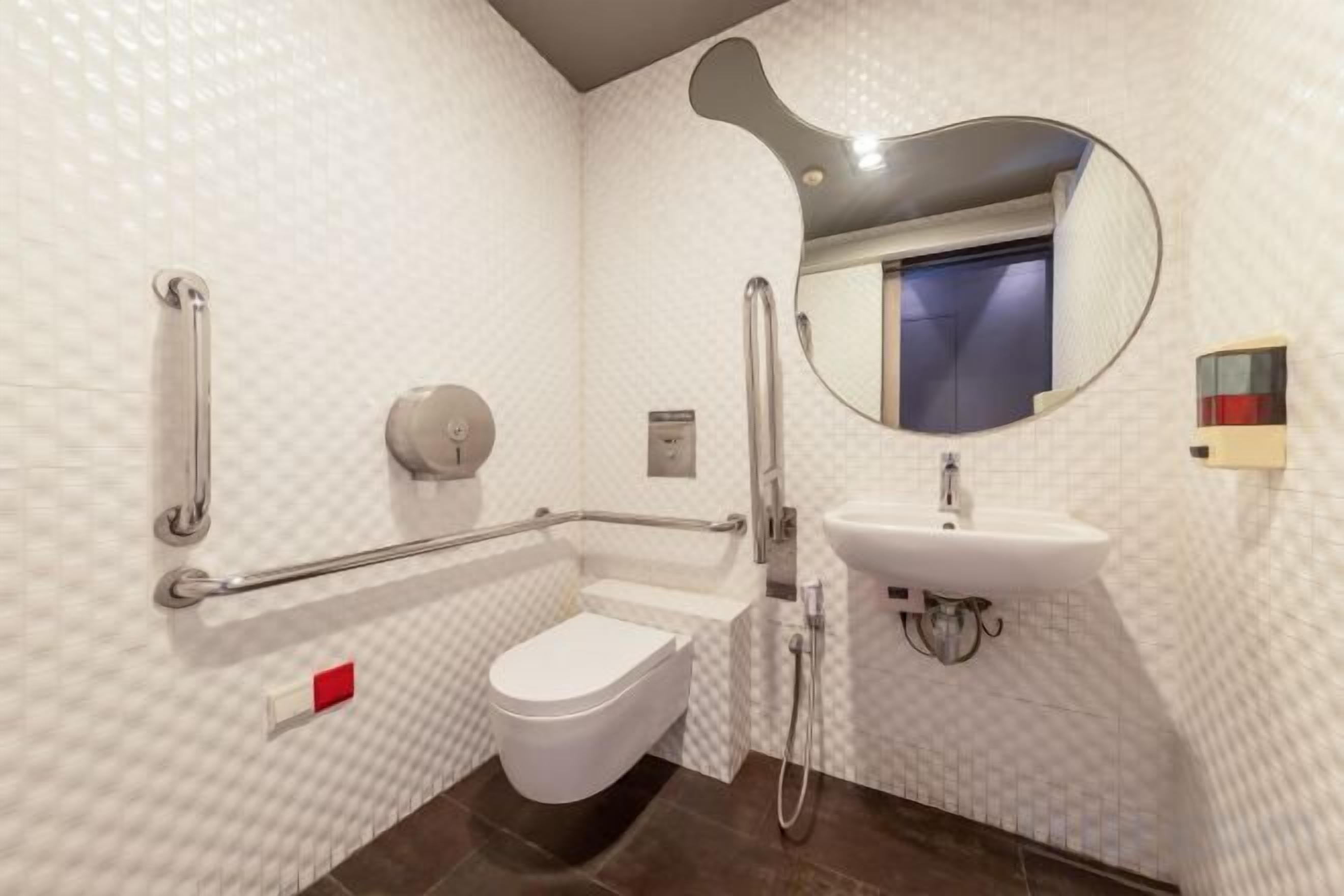 A bathroom with a white toilet, a sink, a mirror, and a handrail.