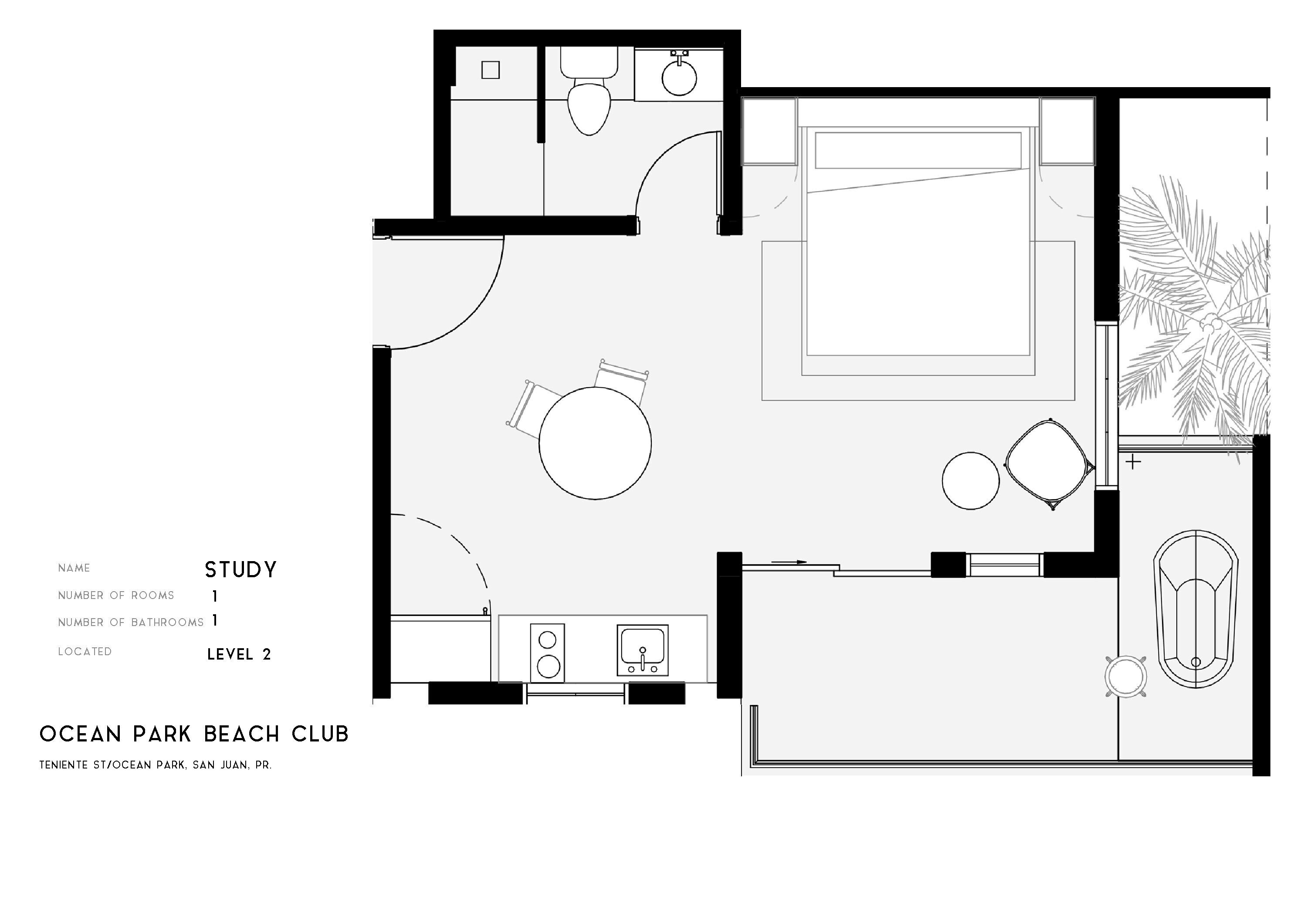 A study room layout with a single bathroom, located on Level 2 of the Ocean Park Beach Club.