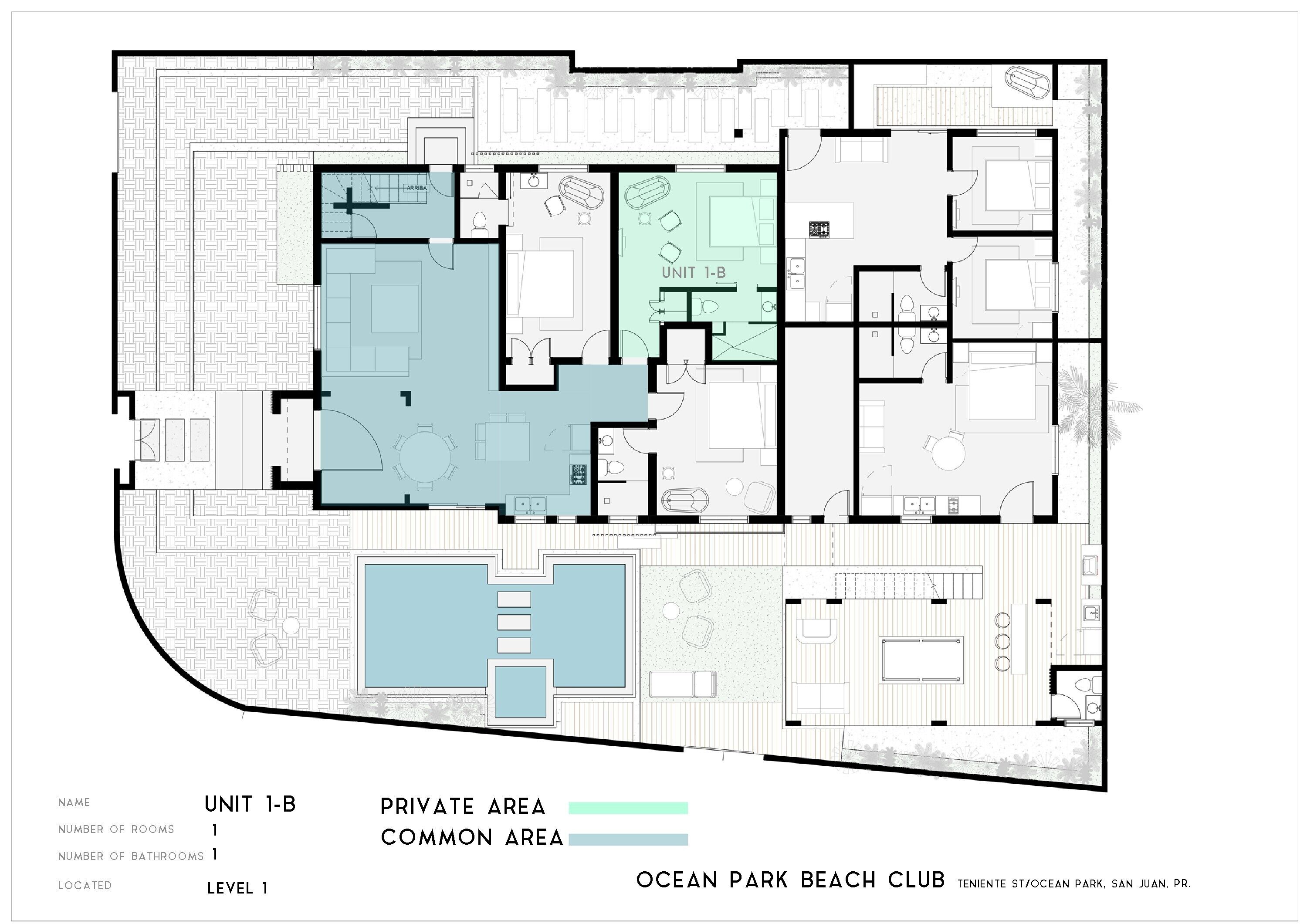 Planta baixa da unidade 1-B no Ocean Park Beach Club, com 1 quarto, 1 banheiro e 1 área privativa.