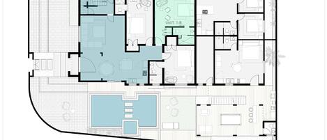 Planta baixa da unidade 1-B no Ocean Park Beach Club, com 1 quarto, 1 banheiro e 1 área privativa.