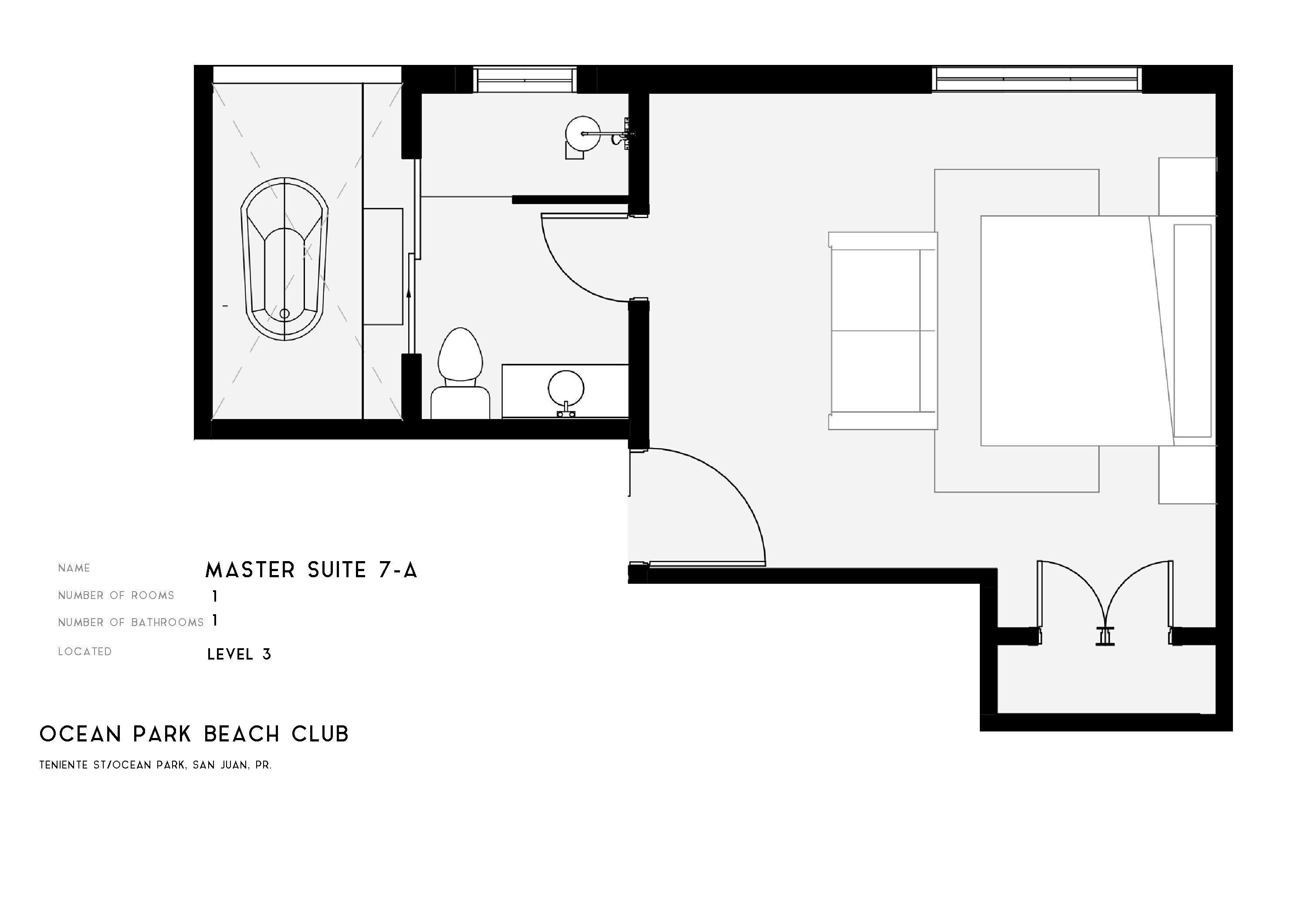 Plano de planta de la suite principal 7-A en Ocean Park Beach Club, que incluye un baño, una zona de estar y un ventanal grande.