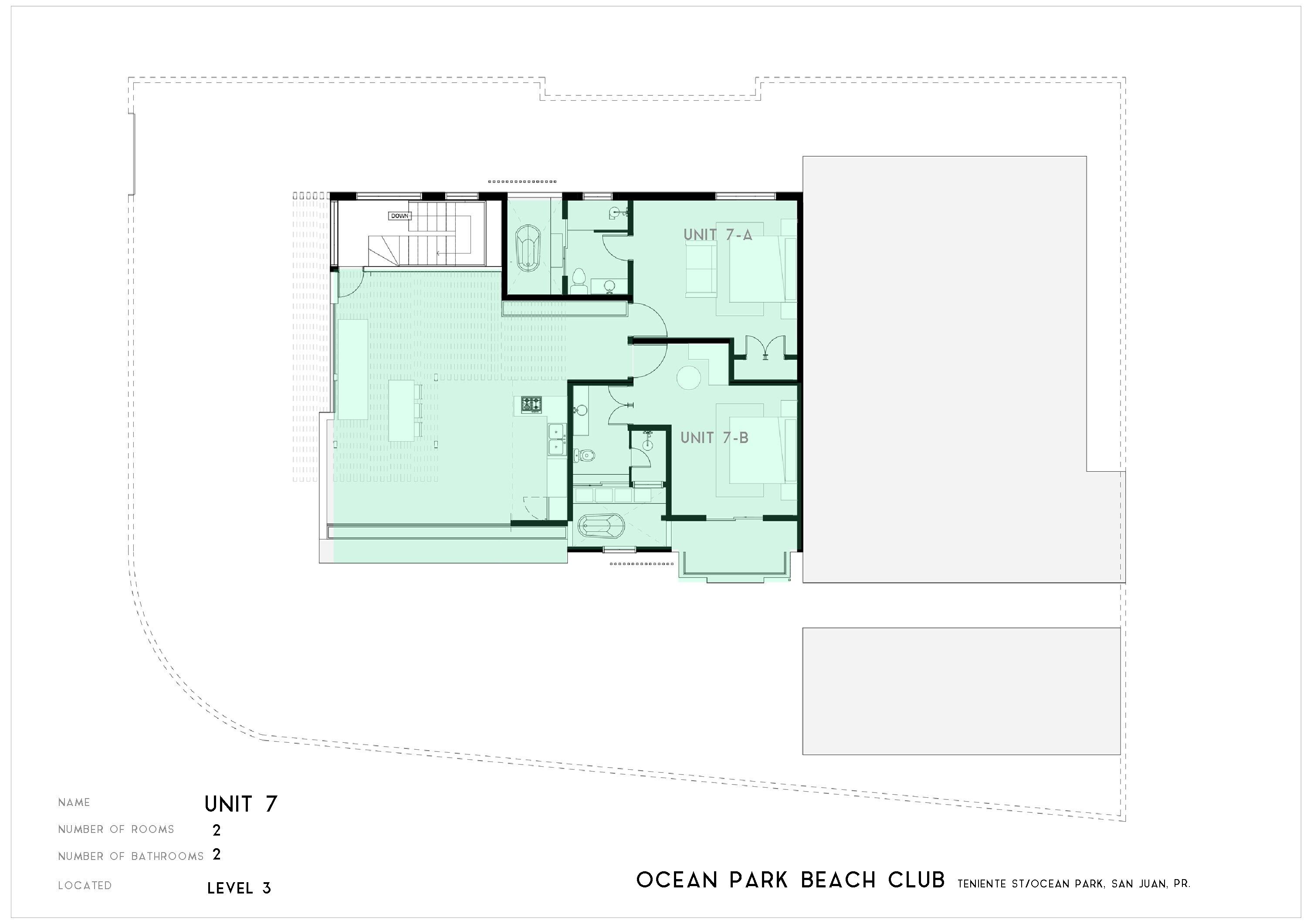 Plan d’étage de l’unité 7 du Ocean Park Beach Club, située au troisième étage, comprenant deux chambres et deux salles de bain.