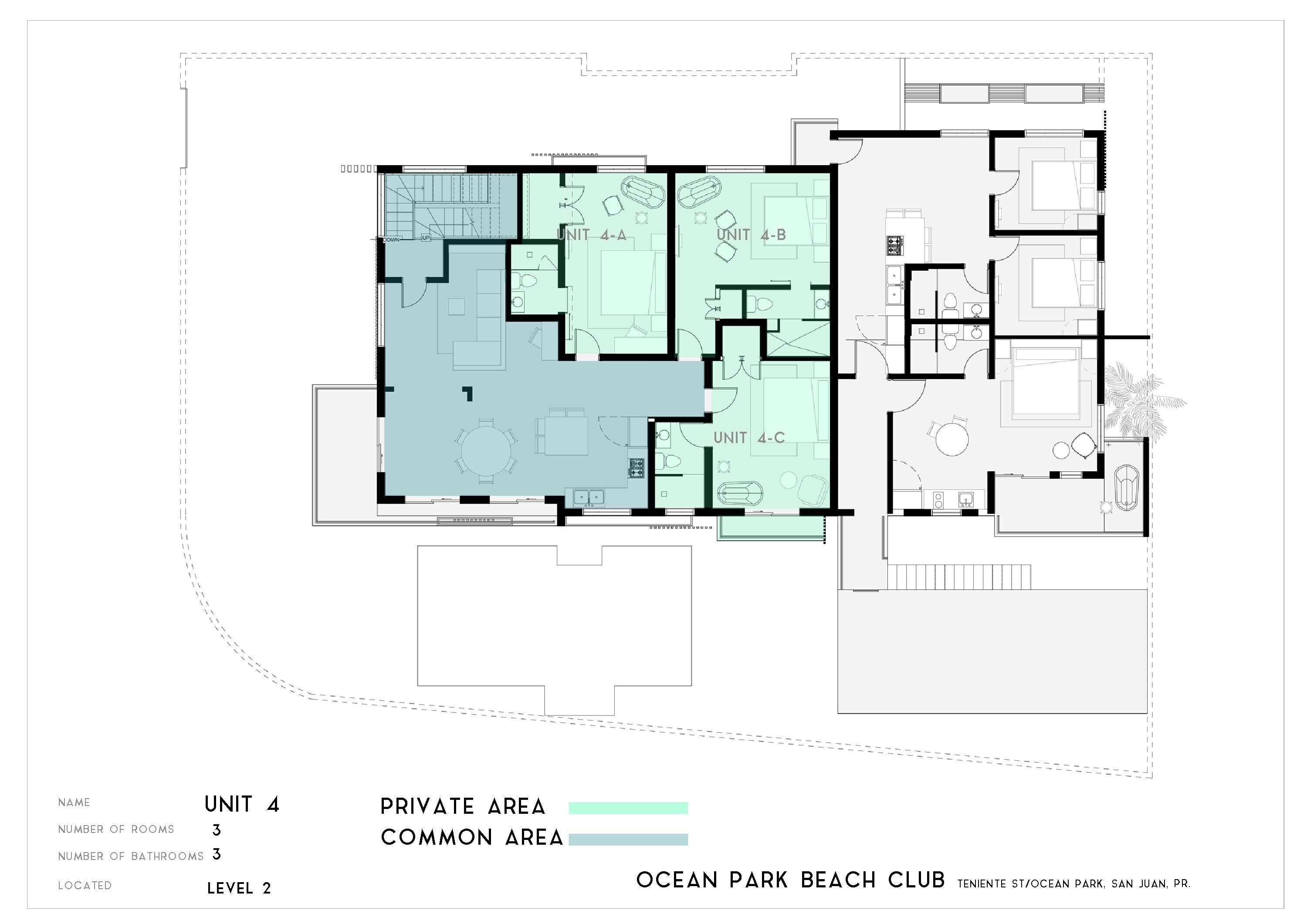 Un plan d’étage comprenant trois logements, chacun avec une salle de bain, une chambre et un espace de vie.