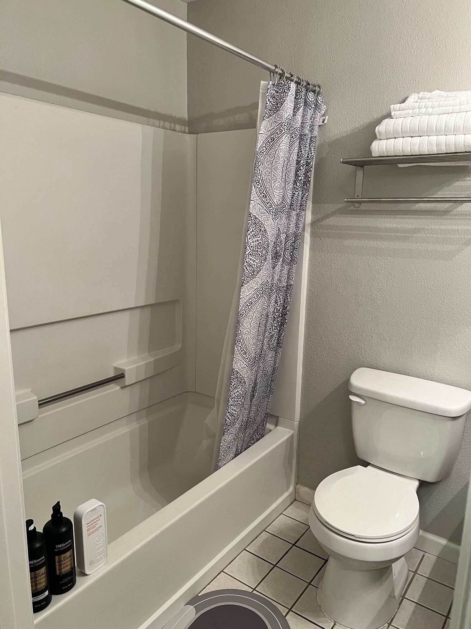 Hair dryer, towels, soap, toilet paper