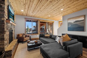 Smart TV, fireplace, books