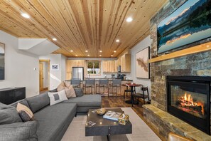 Smart TV, fireplace, books