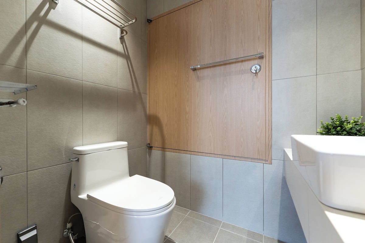 Hair dryer, towels, soap, shampoo