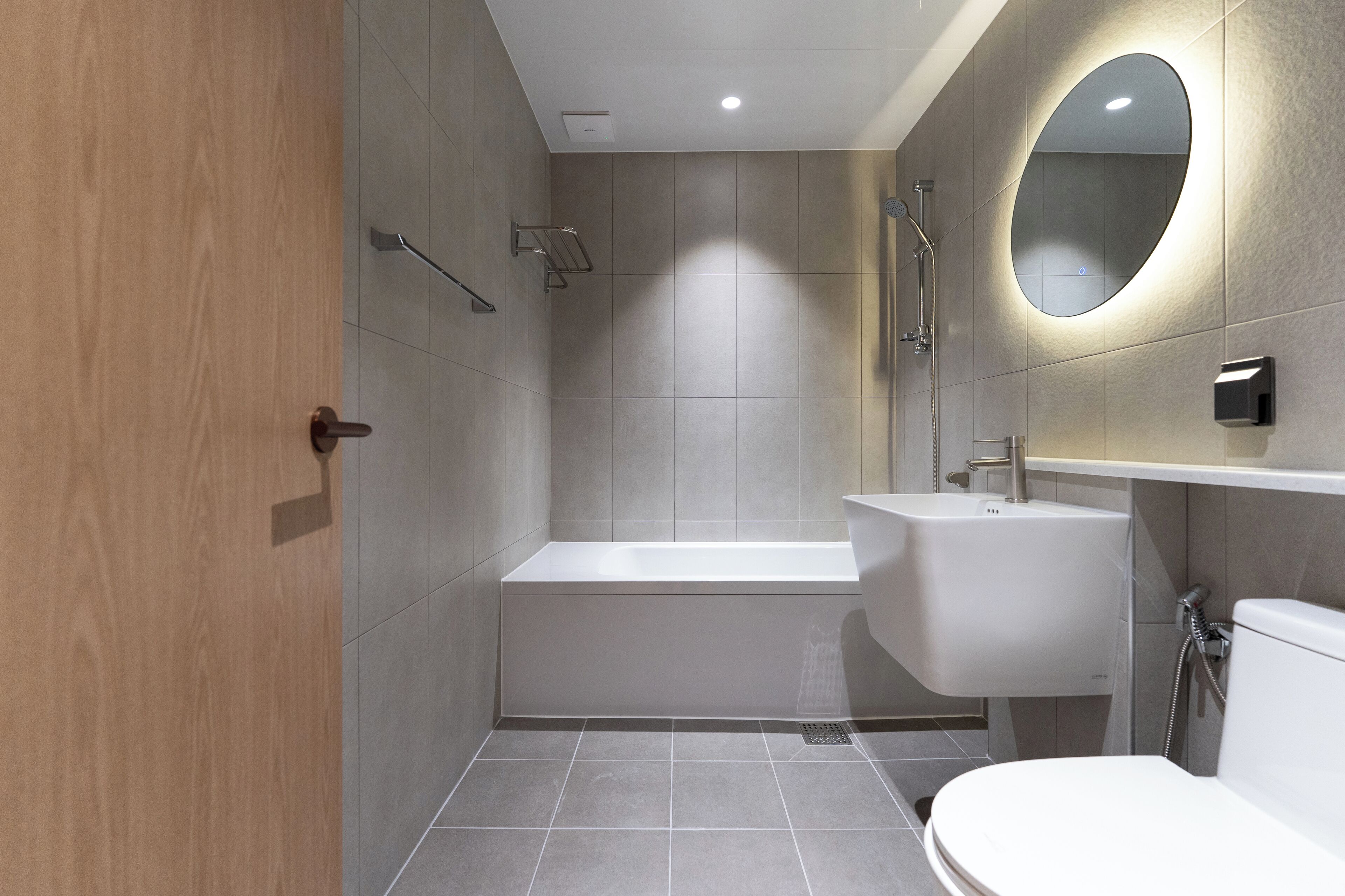 Hair dryer, towels, soap, shampoo