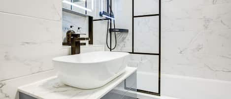 Hair dryer, towels, soap, toilet paper